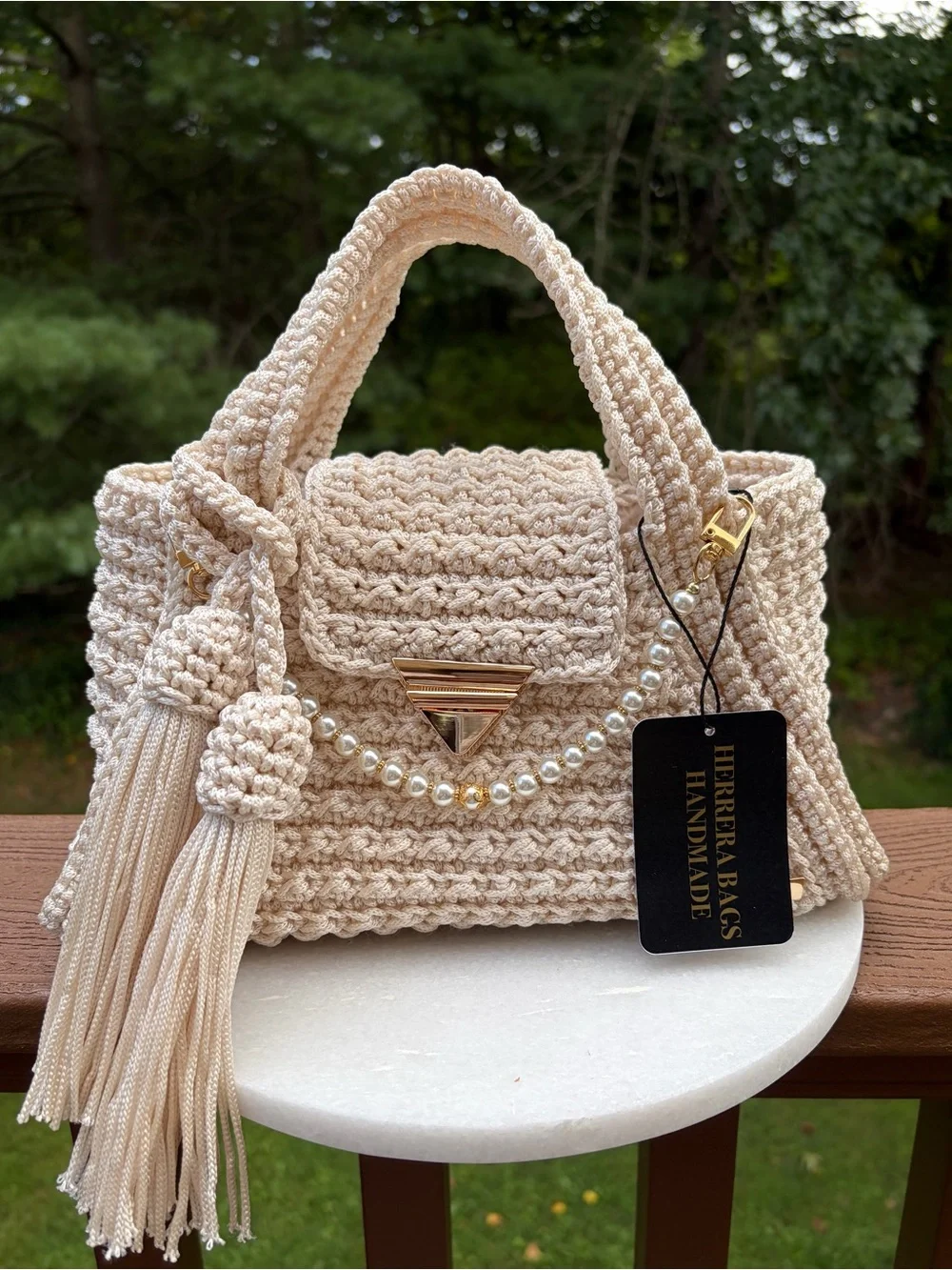 Ivory Crochet Bag, Handmade Boho Purse, Polypropylene Woven Handbag, Tassel